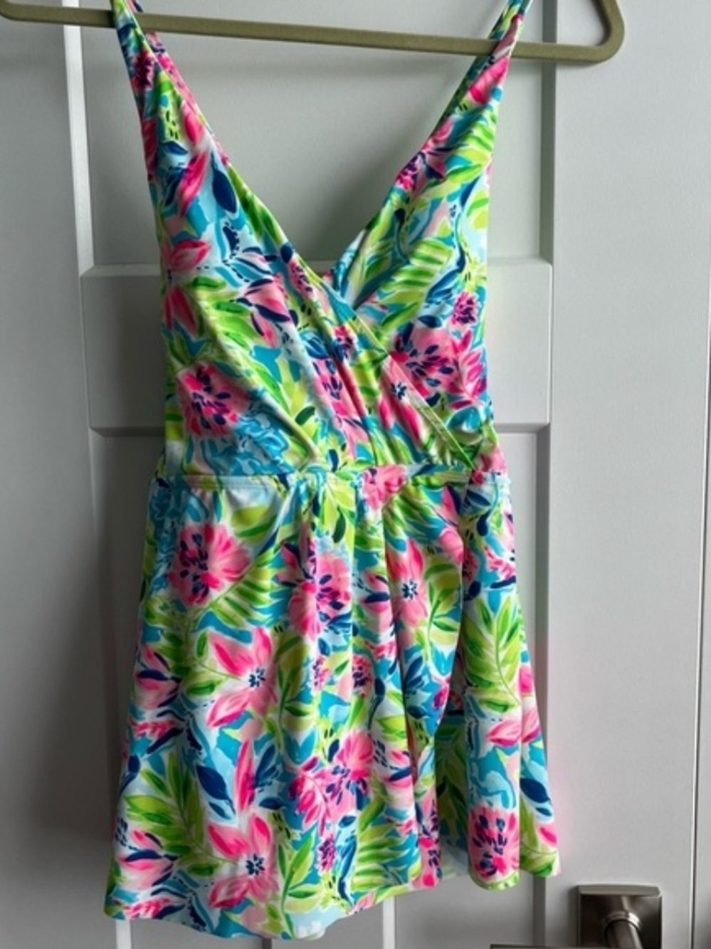 Floral V-Neck One-Piece Swim Dress in Pink, Blue & Green